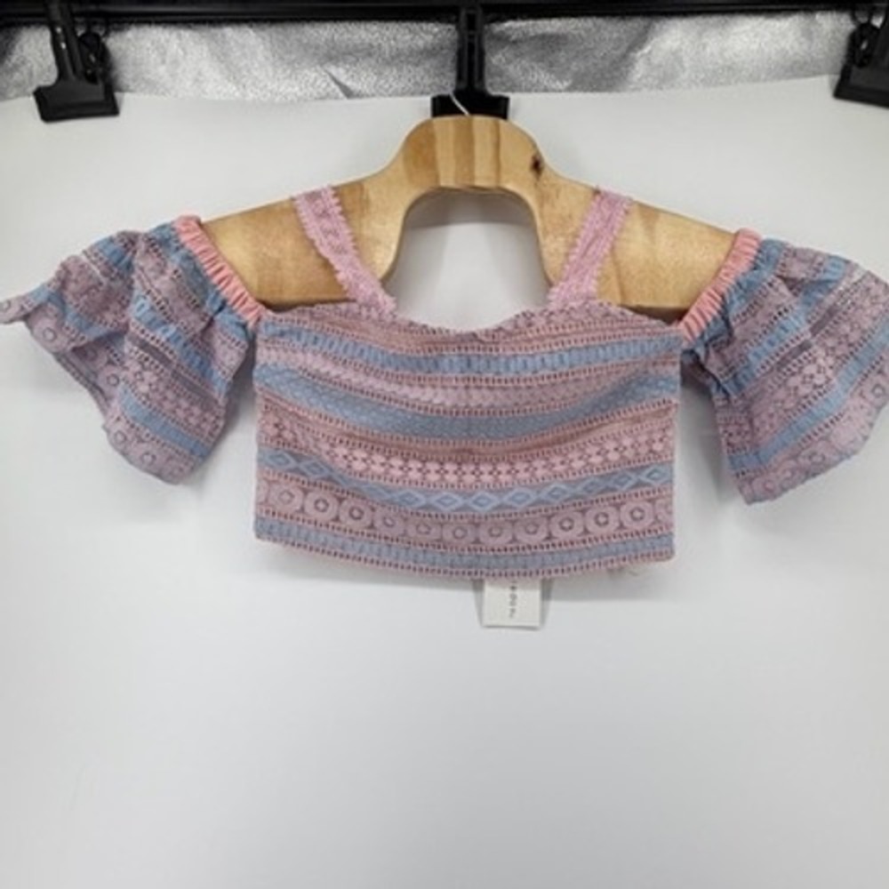 Foxiedox Womens Pink Blue Lace Off Shoulder Crop Top Size‎ S NWT